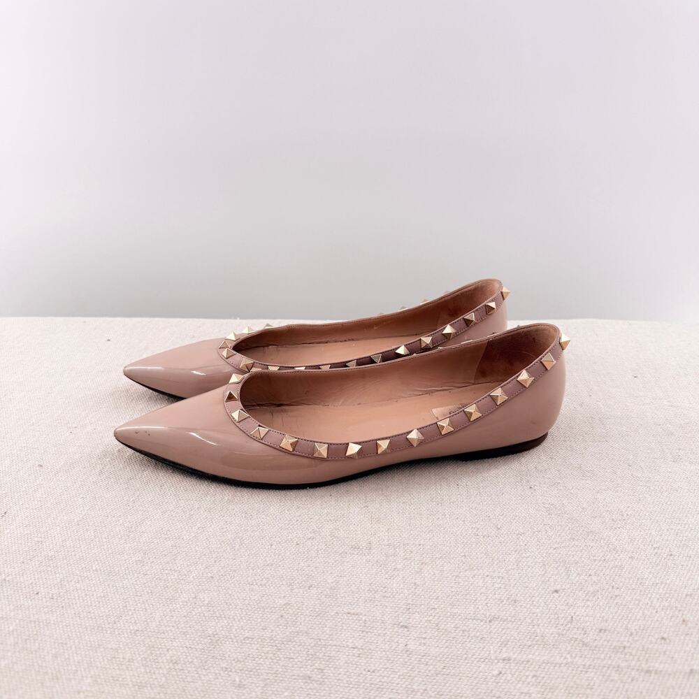 Valentino Garavani Patent Leather Slip On Pointed Ballet Flats Beige Women's 39